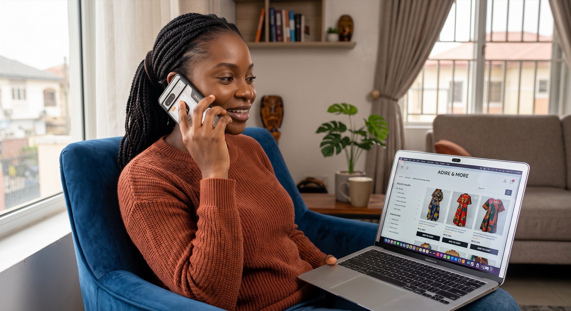 A Nigerian woman on a phone call while browsing an online shop on her laptop