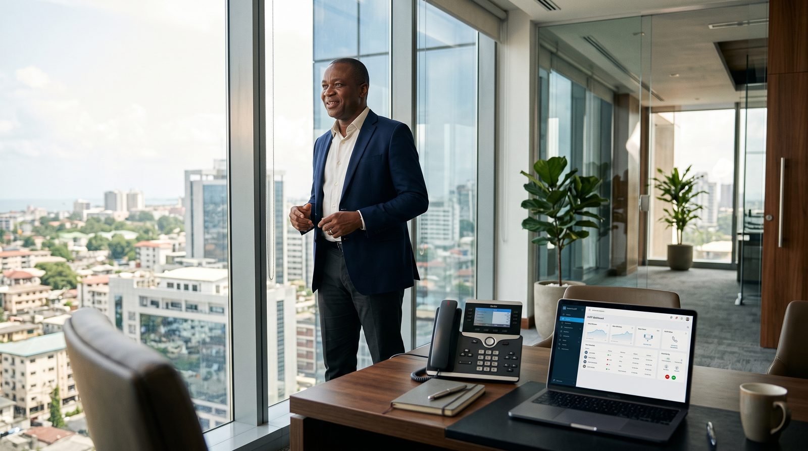 A business owner in a high-rise Lagos office with an IP desk phone and a phone system dashboard on his laptop