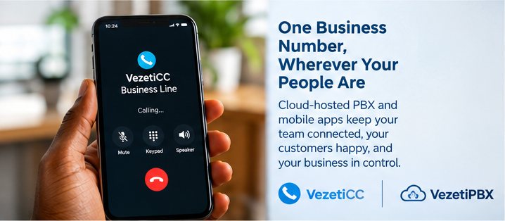 A hand holding a phone showing a business line call, beside the words: One business number, wherever your people are — cloud-hosted PBX and mobile apps keep your team connected