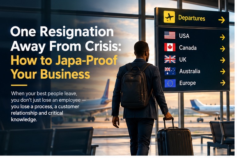 A Nigerian professional with luggage walking toward an airport departures board listing USA, Canada, UK, Australia and Europe