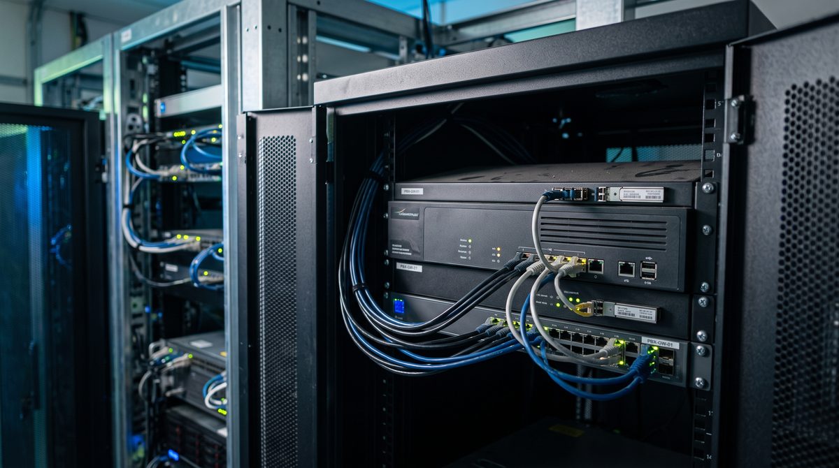 An open server cabinet holding a PBX gateway and network switch, with blue and grey cables running to the ports