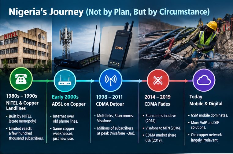 Timeline of Nigeria's telephony journey: NITEL copper landlines in the 1980s–1990s, ADSL on copper in the early 2000s, the CDMA detour from 1998 to 2011, CDMA fading from 2014 to 2019, and today's mobile and digital era