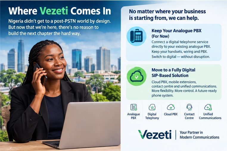 Where Vezeti comes in: keep your analogue PBX and connect a digital telephone service to it, or move to a fully digital SIP-based solution with cloud PBX, mobile extensions, contact centre and unified communications