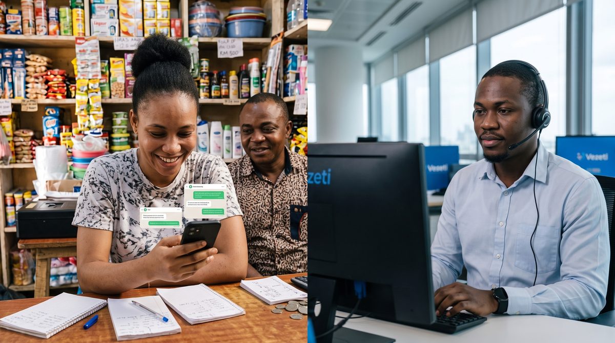 Side by side: a shop owner handling customer orders on her phone among notebooks and coins, and a support agent with a headset working at a computer in a modern office