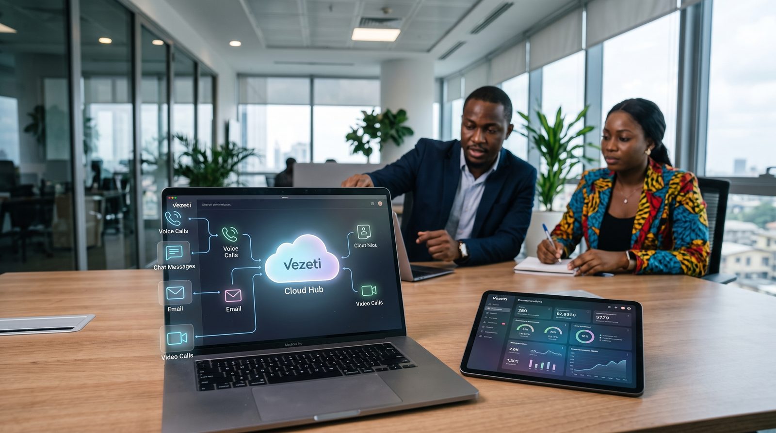 Two colleagues in a Lagos office with a laptop showing a Vezeti cloud hub connecting calls, chat, email and video