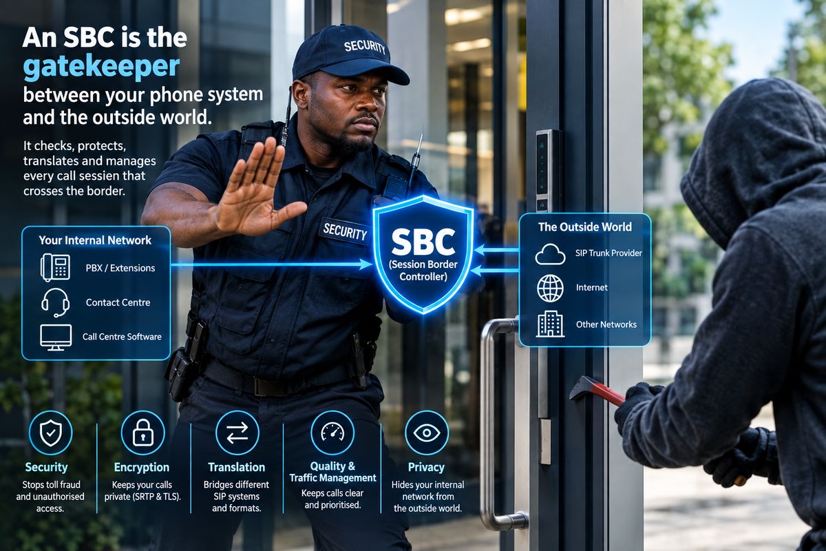 A security guard stopping a hooded intruder at the door, with an SBC shield guarding the phone network