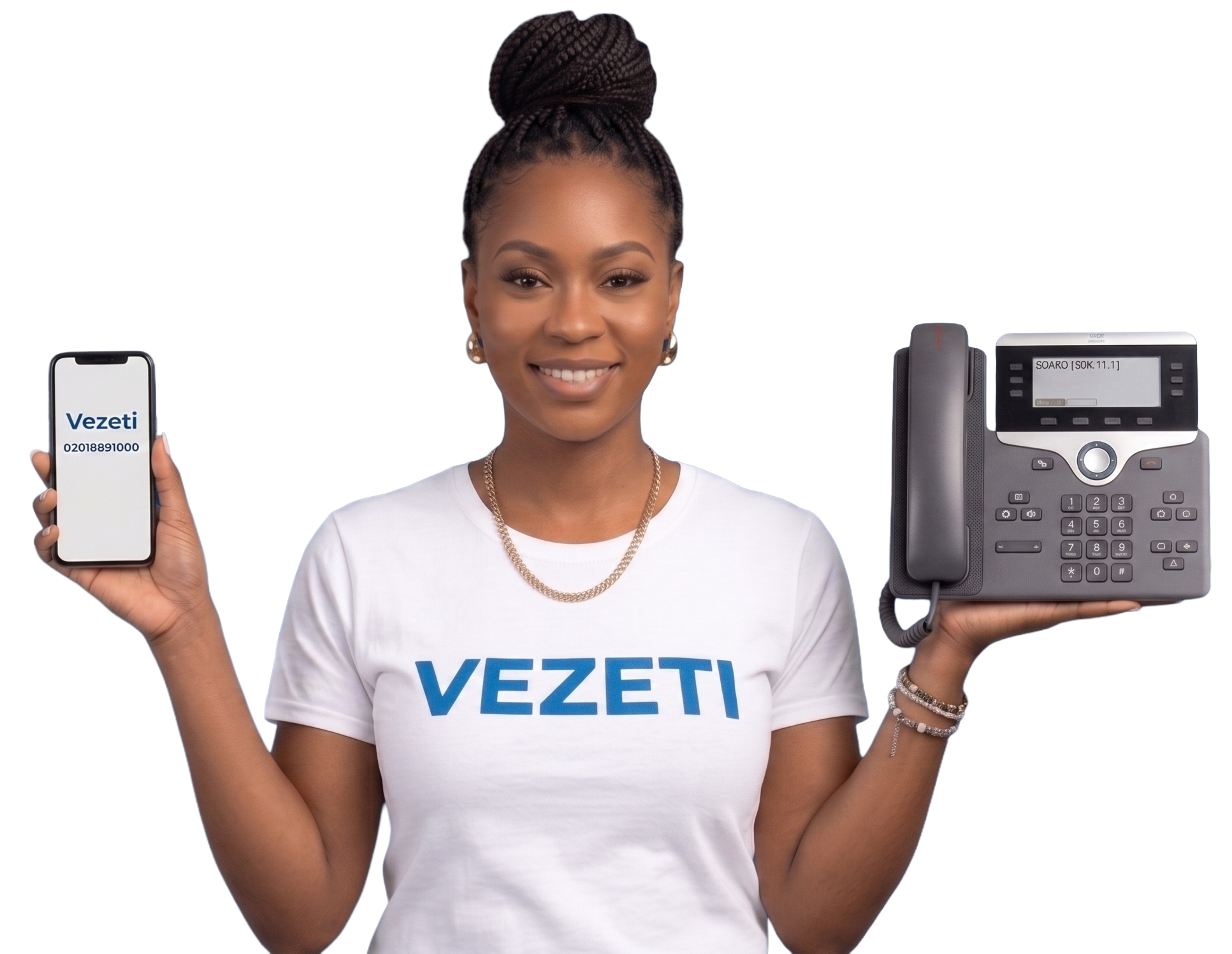 Vezeti Lady showing IP phone and Smart Phone